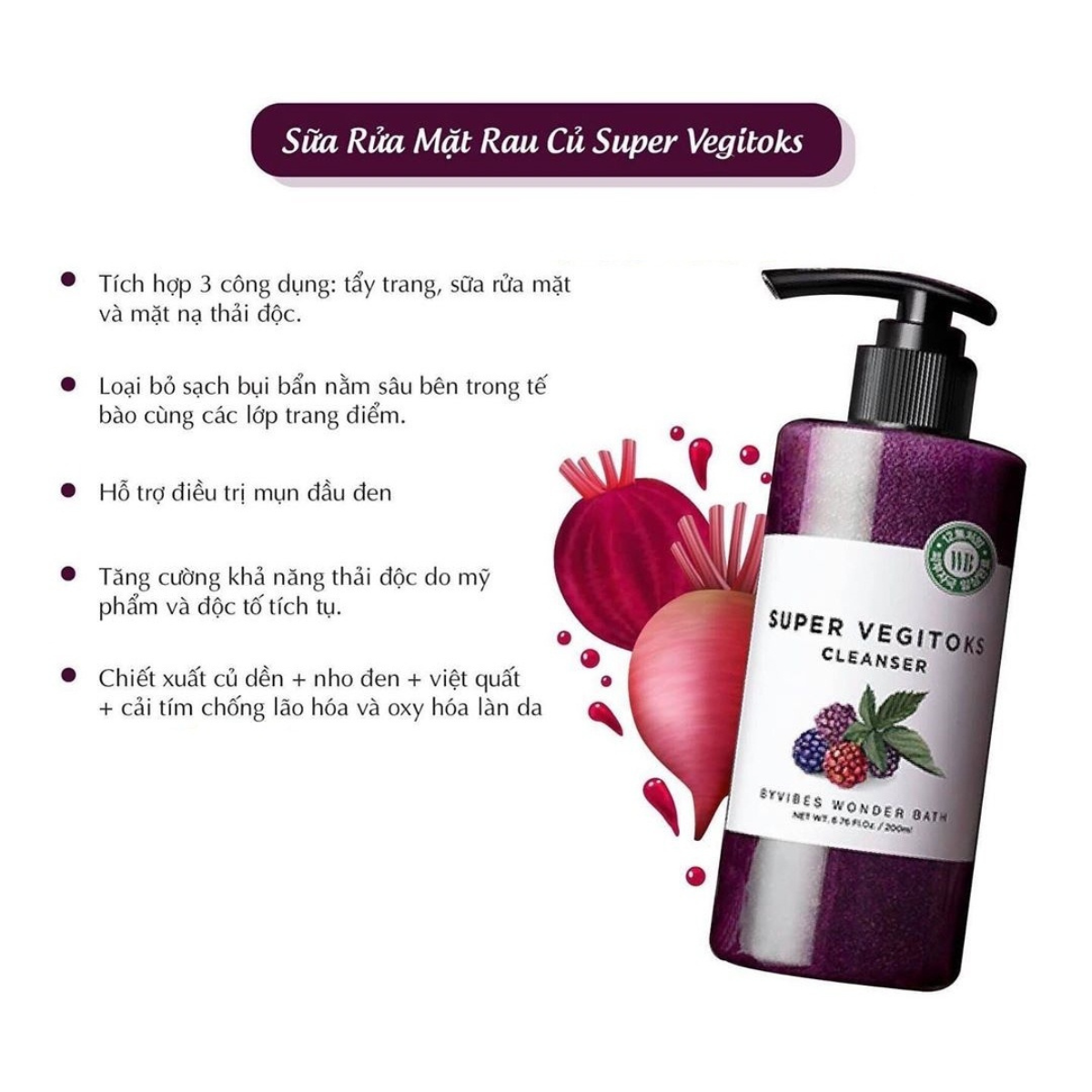 Sữa Rửa Mặt Rau Củ Thải Độc Byvibes Wonder Bath Super Vegitoks Cleanser Purple 300ml - tím